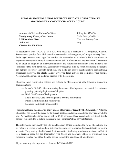 Minor Birth Certificate Correction Petition, Montgomery County form, first page