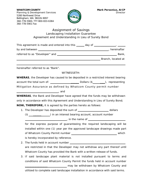 Assignment of Savings Landscaping Installation Guarantee Agreement, Whatcom County form, first page