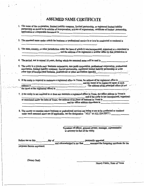 Assumed Name Certificate, Deaf Smith County form, first page