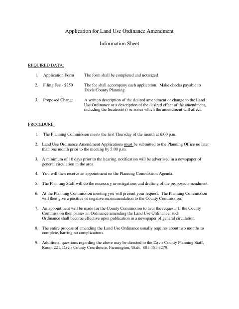 Land Use Ordinance Amendment Application, Davis County form, first page