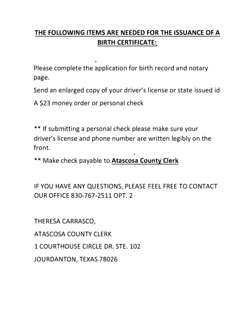 Application for Birth Record, Atascosa County form, first page