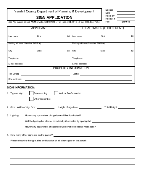 Sign Application, Yamhill County form, first page