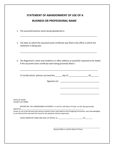 Statement Of Abandonment Of Use Of A Business Or Professional Name, Lynn County form, first page