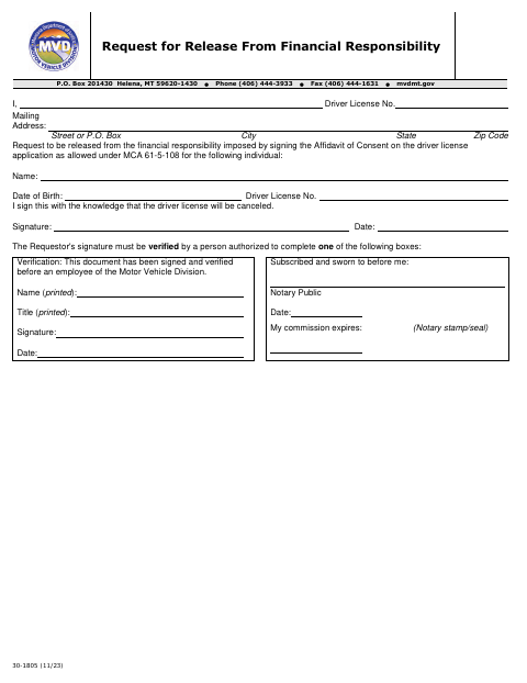 30-1805 Request for Release From Financial Responsibility first page
