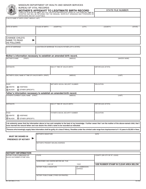 Mother’s Affidavit to Legitimate Birth Record VS-443 first page