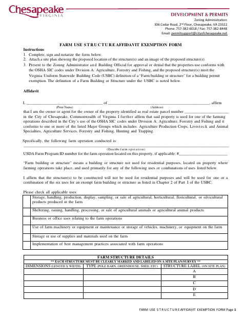 Farm Use Structure Affidavit Exemption Form, City of Chesapeake form, first page