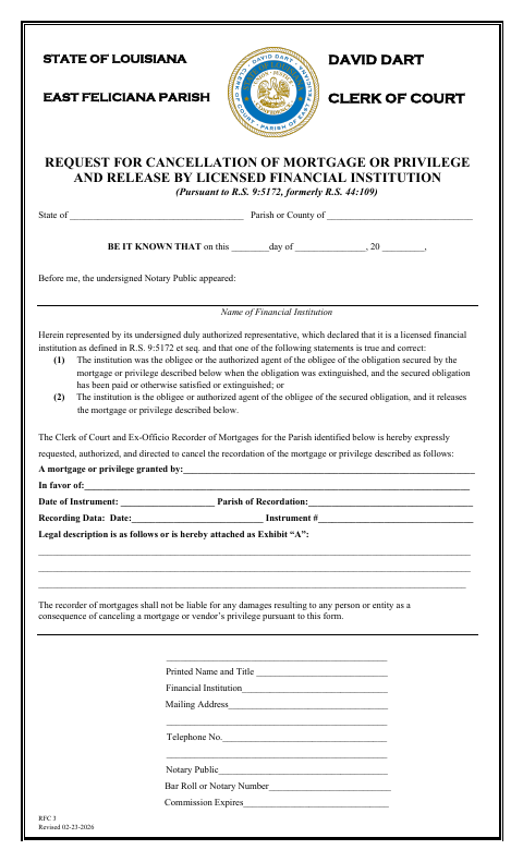 Request for Cancellation of Mortgage or Privilege and Release by Licensed Financial Institution, East Feliciana Parish form, first page