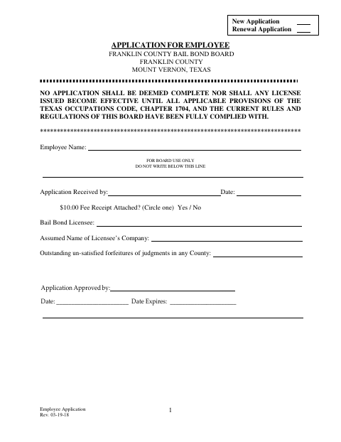 Application for Employee, Franklin County form, first page