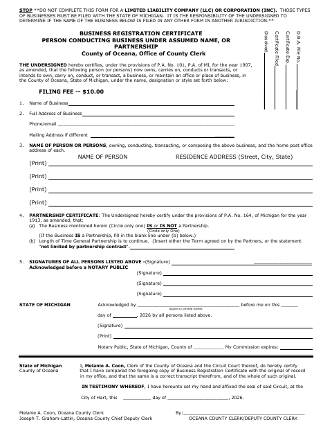 Business Registration Certificate, Oceana County form, first page