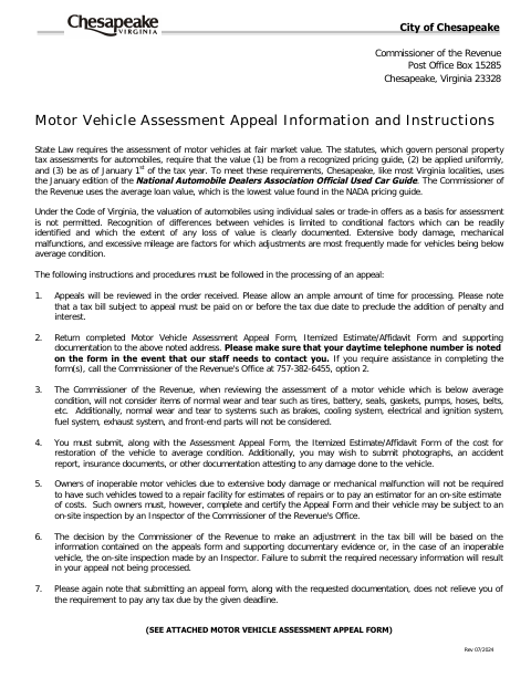 Motor Vehicle Assessment Appeal, City of Chesapeake form, first page