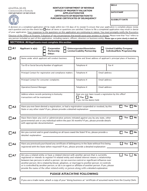 Application For Certificate Of Registration To Purchase Certificates Of Delinquency, Owsley County form, first page
