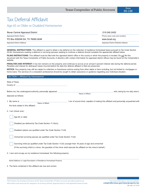 Tax Deferral Affidavit Age 65 or Older or Disabled Homeowner, Bexar County form, first page