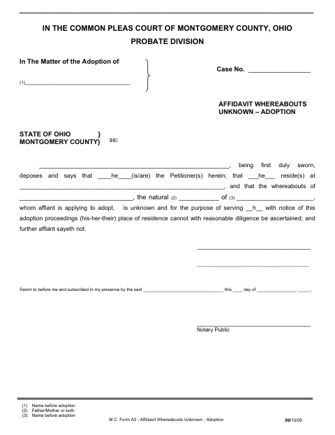 Affidavit of Whereabouts Unknown for Adoption, Montgomery County form, first page