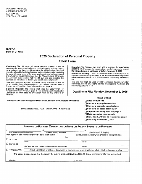 First page of the Personal Property Short Form Declaration