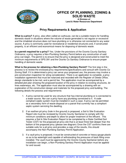 Privy Requirements and Application, Oconto County form, first page