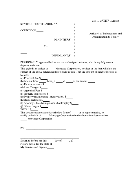 Affidavit of Indebtedness and Authorization to Testify, Charleston County form, first page