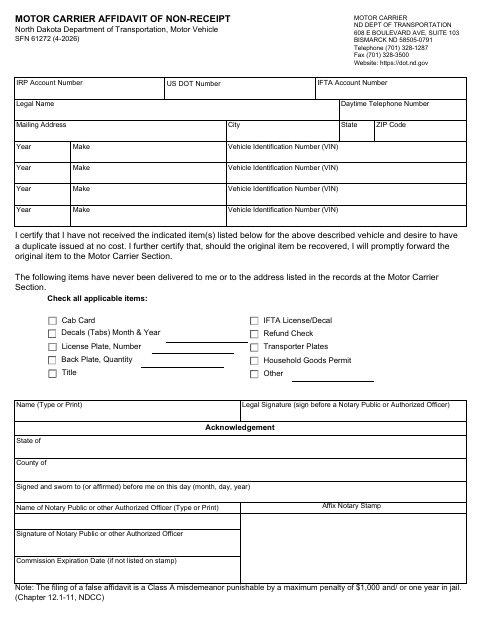 SFN 61272 Motor Carrier Affidavit of Non-Receipt first page