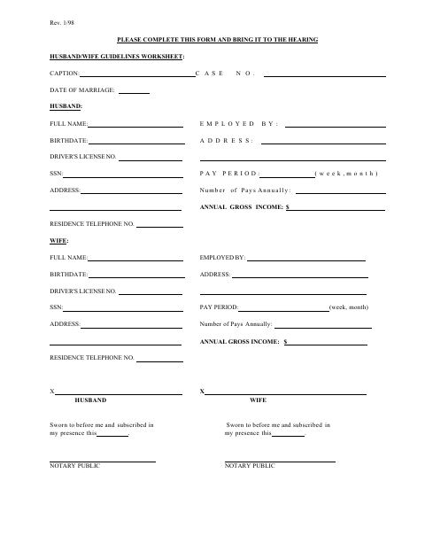Husband/Wife Guidelines Worksheet, Geauga County form, first page