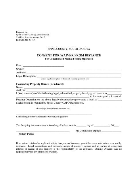 Consent for Waiver from Distance for Concentrated Animal Feeding Operation, Spink County form, first page