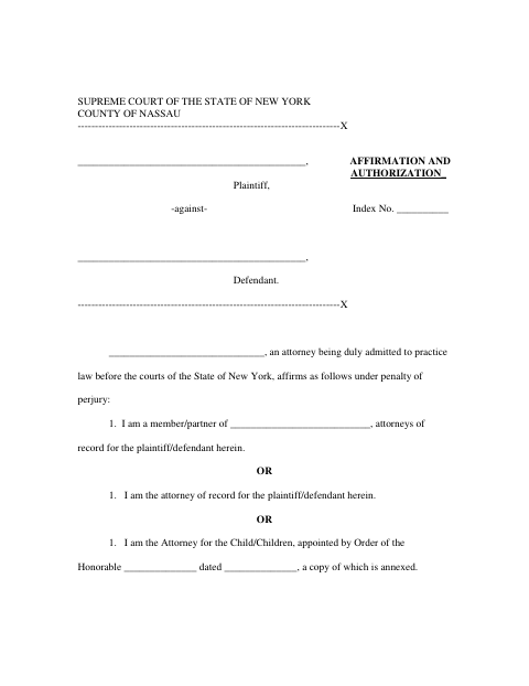 Affirmation and Authorization, Nassau County form, first page