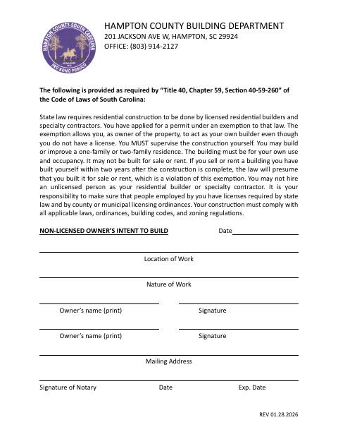 Non-Licensed Owner’s Intent to Build, Hampton County form, first page
