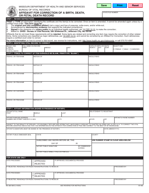 Affidavit for Correction of a Birth, Death, or Fetal Death Record MO 580-0645 first page