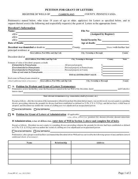 Petition for Grant of Letters, Cumberland County form, first page