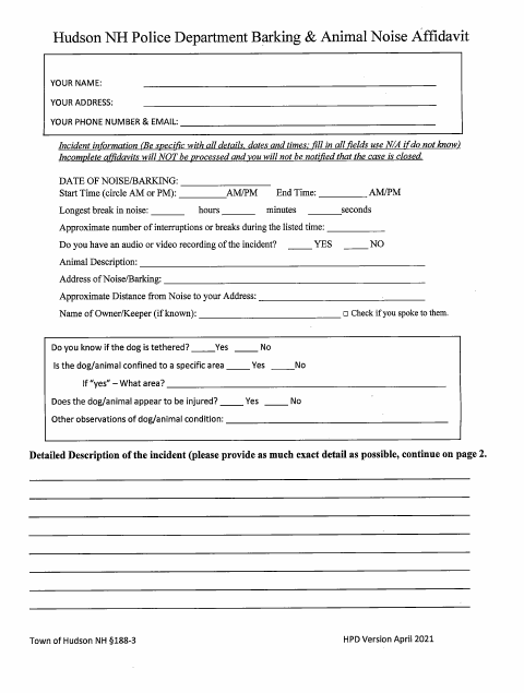 First page of the Barking And Animal Noise Affidavit