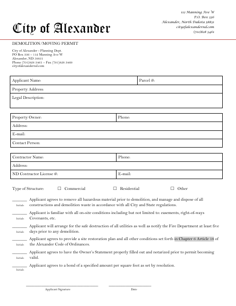 Demolition/Moving Permit, McKenzie County form, first page