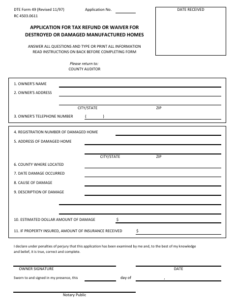 Application for Tax Refund or Waiver for Destroyed or Damaged Manufactured Homes, Williams County form, first page