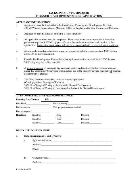 Planned Development Zoning Application, Jackson County form, first page