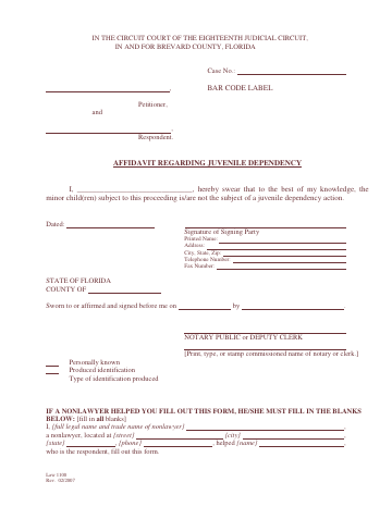 BAR CODE LABEL AFFIDAVIT REGARDING JUVENILE ... — Brevard County form, first page
