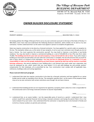 First page of the Owner-Builder Affidavit
