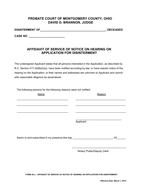 Affidavit of Service of Notice of Hearing on Application for Disinterment, Montgomery County form, first page