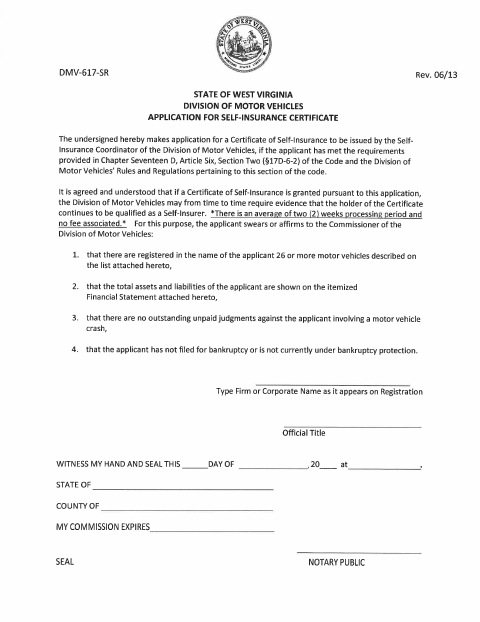 DMV-617-SR Application for Self-Insurance first page