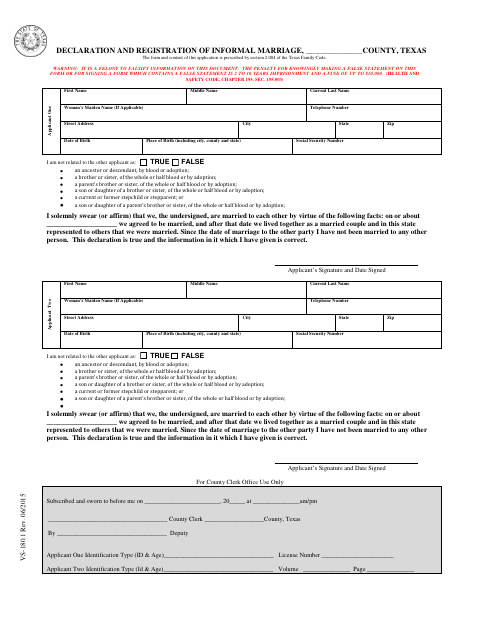 Declaration and Registration of Informal Marriage, Mitchell County form, first page