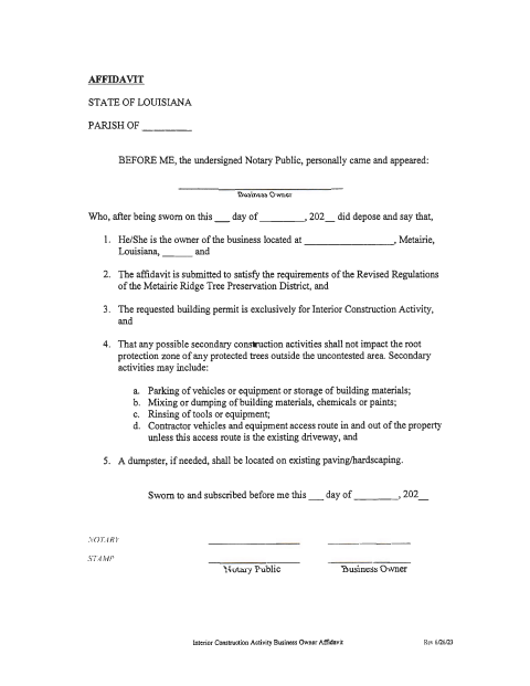 Interior Construction Activity Business Owner Affidavit, Jefferson Parish form, first page