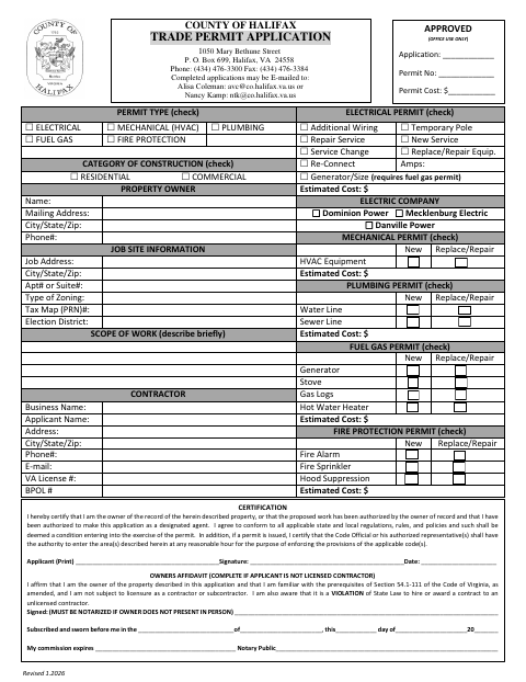 Trade Permit Application, Halifax County form, first page