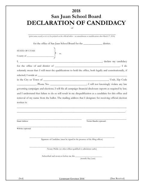 Declaration of Candidacy, San Juan County form, first page