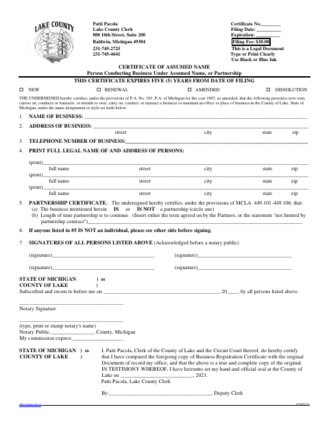 Certificate of Assumed Name, Lake County form, first page
