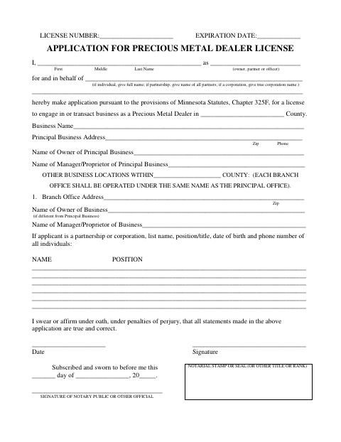 Application for Precious Metal Dealer License, Scott County form, first page
