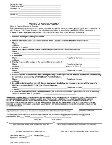 First page of the Notice of Commencement