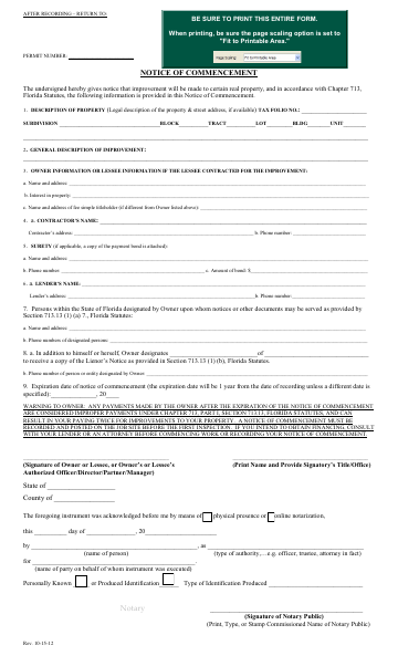 First page of the Notice of Commencement