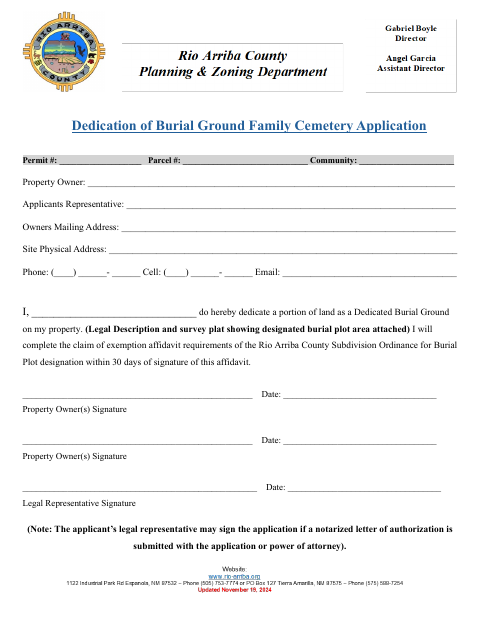 Dedication of Burial Ground, Rio Arriba County form, first page