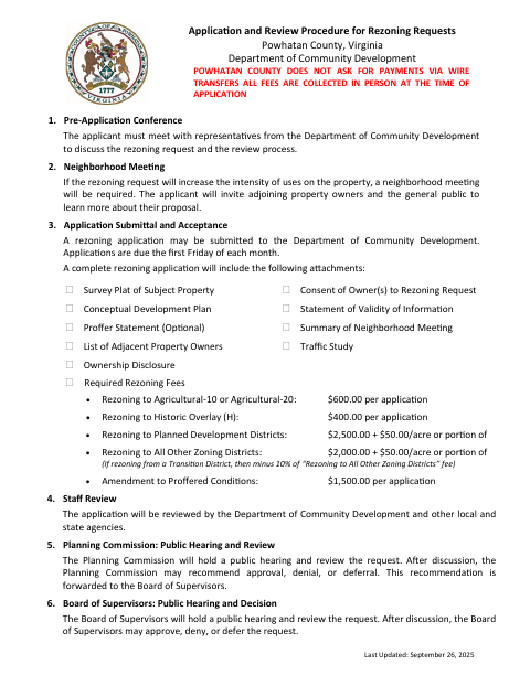 Rezone Application, Powhatan County form, first page