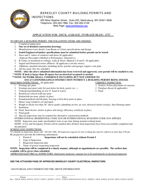 Deck, Garage, or Storage Building Permit Application, Berkeley County form, first page