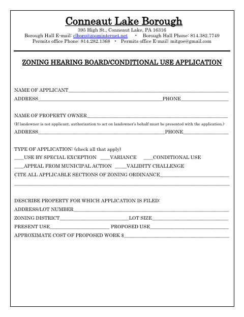 First page of the Zoning Hearing Board/Conditional Use Application
