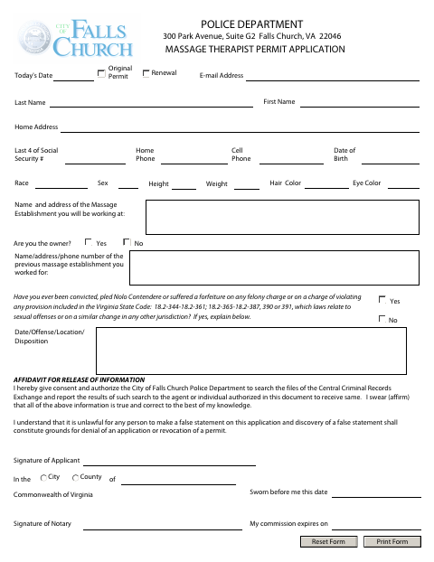 Massage Therapist Permit Application, City of Falls Church form, first page