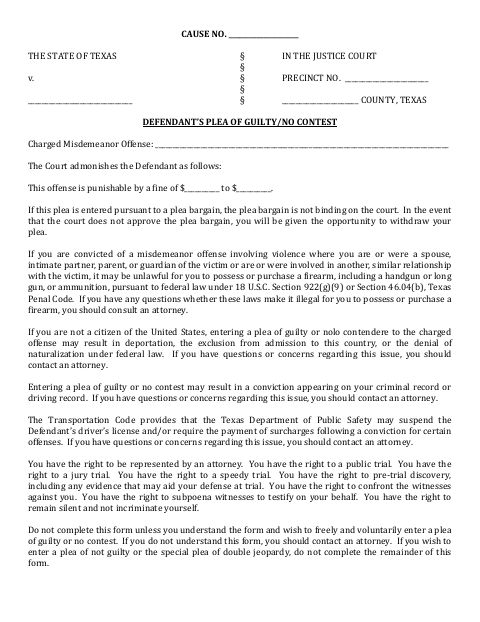 First page of the Defendant’s Plea of Guilty/No Contest