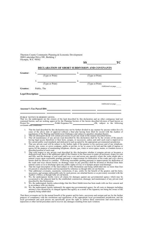 Declaration of Short Subdivision and Covenants, Thurston County form, first page